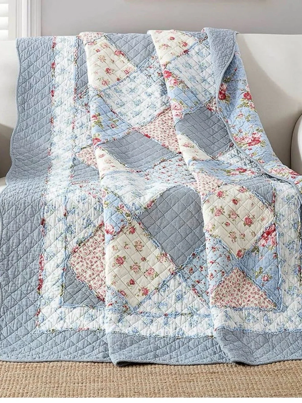 Twin Size Cotton Quilt Blue Floral Patchwork Quilted Bed Throw Blanket
